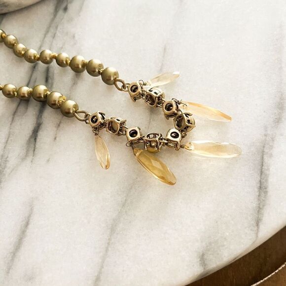 Vintage Monet Green Pearl Necklace Faux Topaz Crystal Accent Dangle Beads Signed - Picture 6 of 8